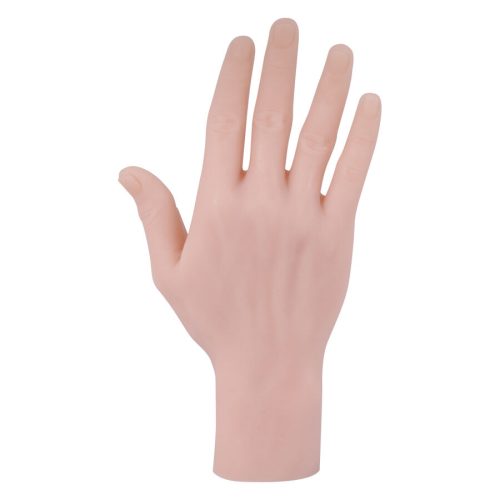 Beige Silikonhand für Tattoo-Übungen auf weißem Hintergrund
