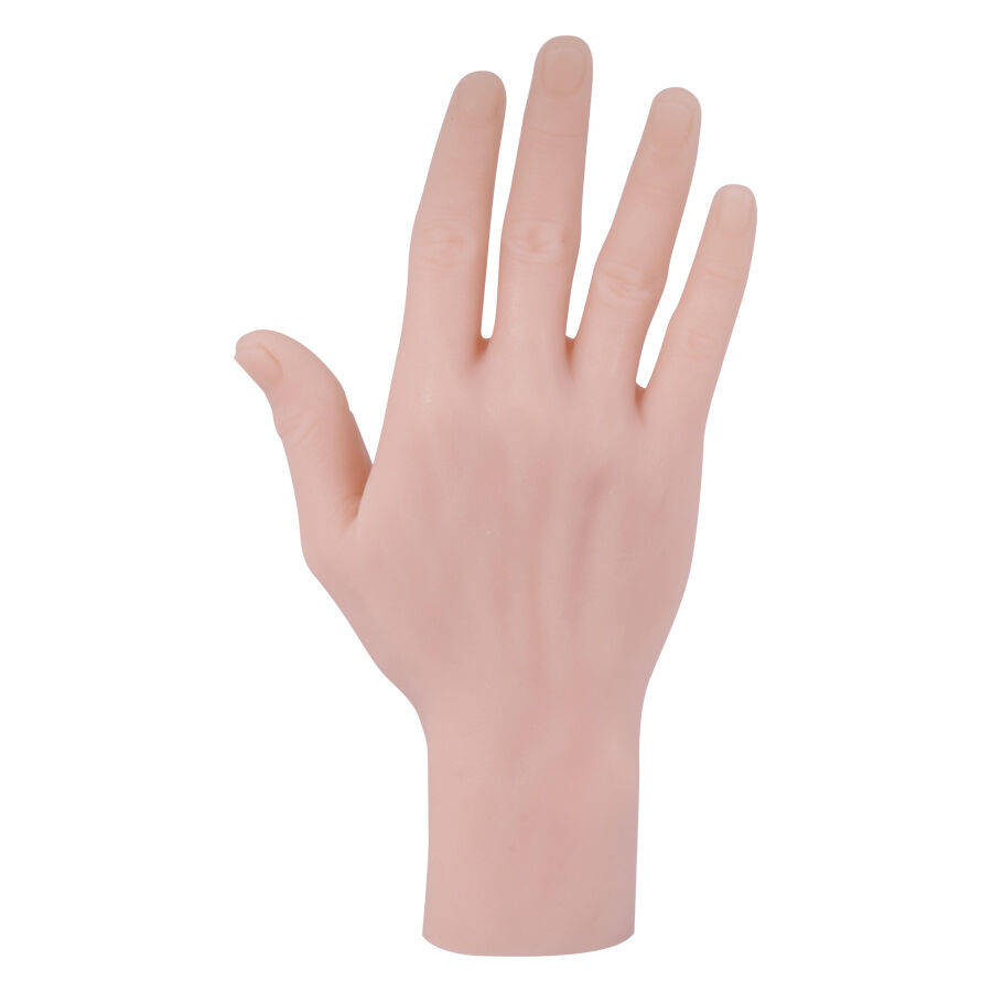 Beige Silikonhand für Tattoo-Übungen auf weißem Hintergrund