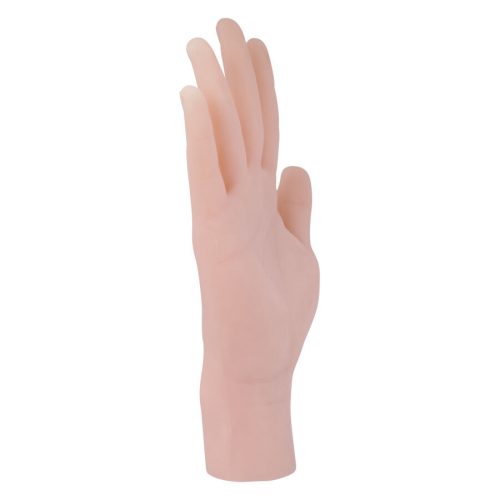 Beige Silikonhand stehend aufrechter Position vor weißem Hintergrund
