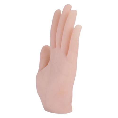 Beige Silikonhand für Tattoo-Übungen, stehend aufrecht auf weißem Hintergrund