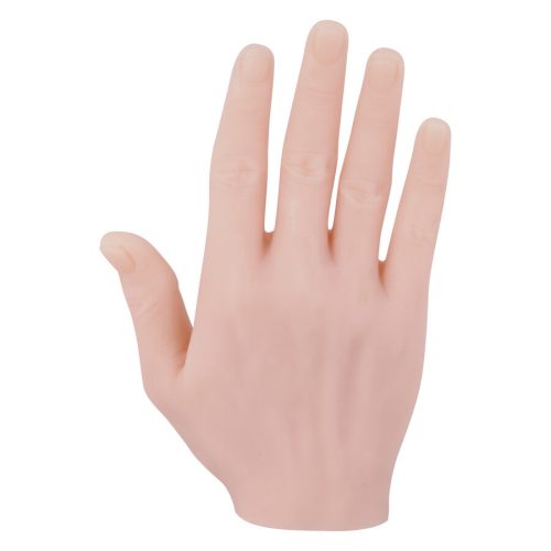 Beige Silikonhand für Tattoo-Übungen auf weißem Hintergrund
