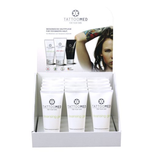 TattooMed Cleansing Gel in weißer Tube in einem Display mit mehreren Tuben