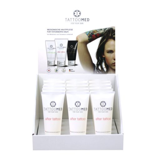 TattooMed® after tattoo 100 ml Tuben in einem weißen Display mit Werbebanner