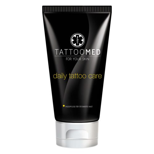 TattooMed® Pflegecreme in schwarzer 100ml Tube auf weißem Hintergrund