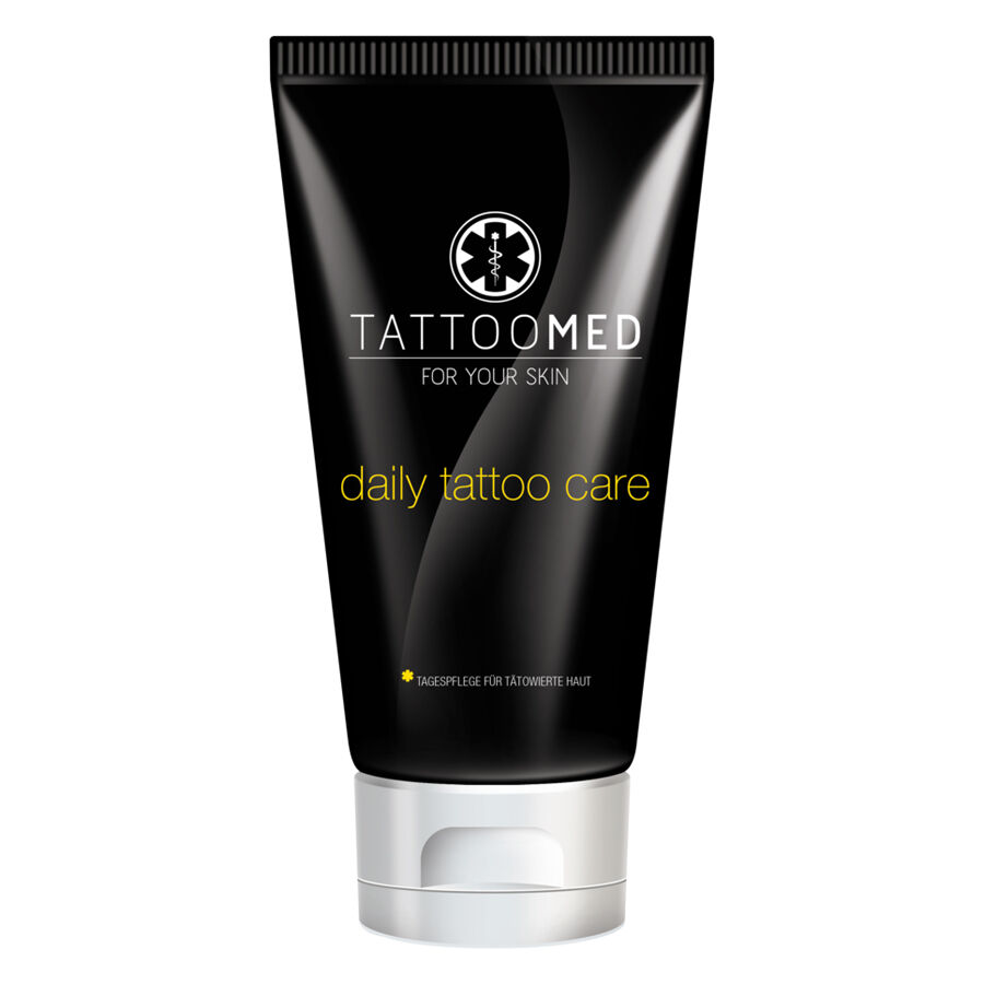 TattooMed® Pflegecreme in schwarzer 100ml Tube auf weißem Hintergrund