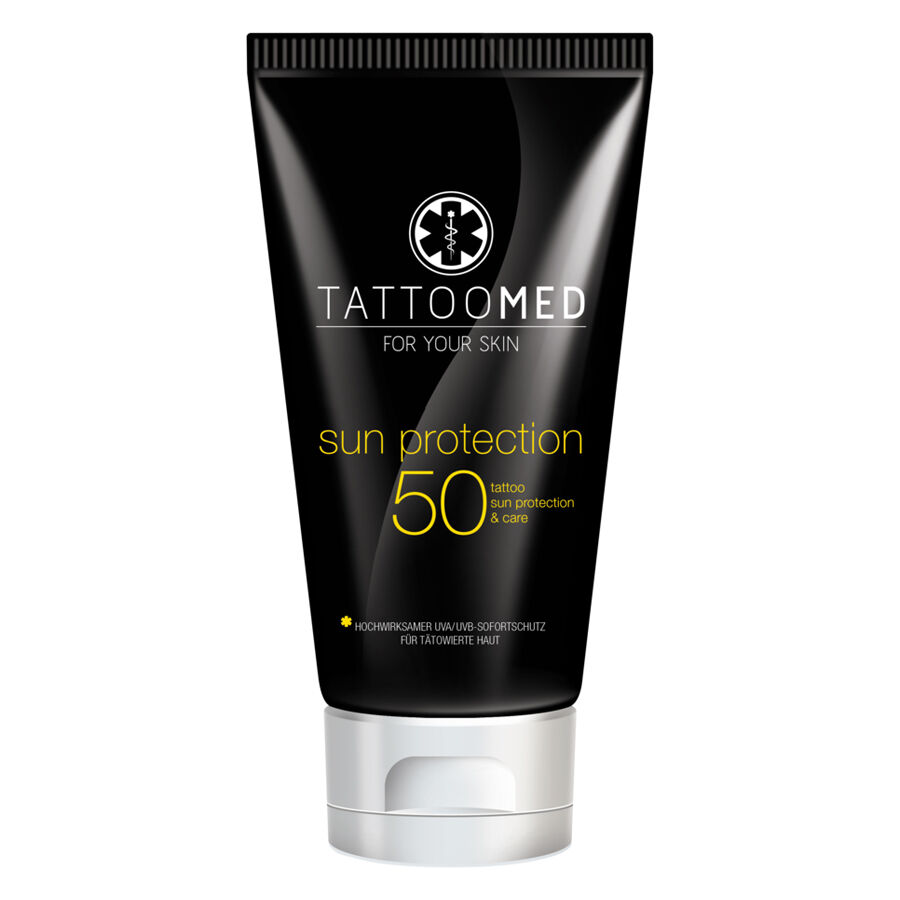 Schwarze Tube TattooMed® Sun Protection LSF50 auf weißem Hintergrund
