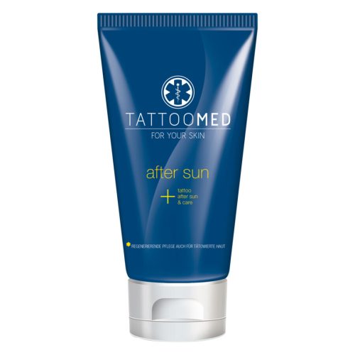 TattooMed® After Sun Lotion in blauer Tube auf weißem Hintergrund