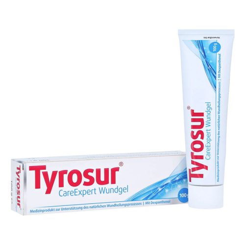 Tyrosur CareExpert Wundgel Tube neben Verpackung auf weißem Hintergrund