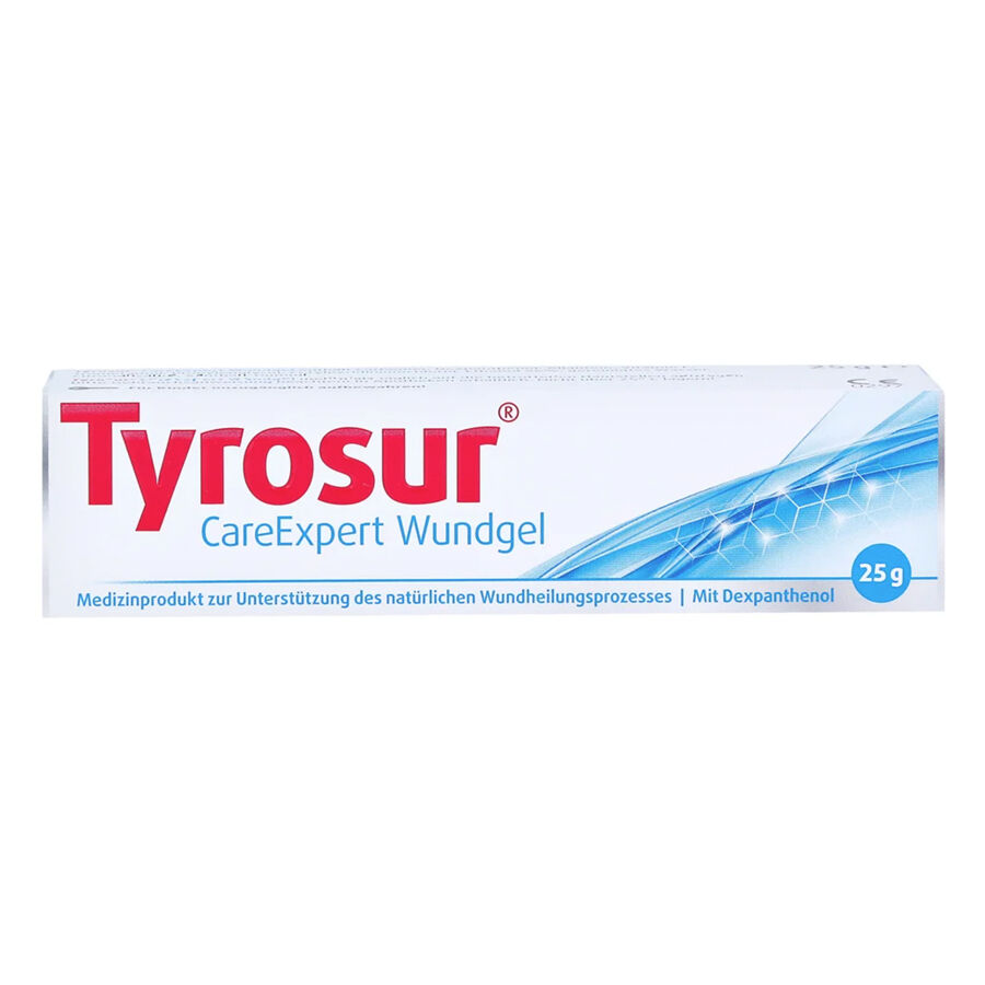 Tyrosur CareExpert Wundgel 25g Tube vor weißem Hintergrund