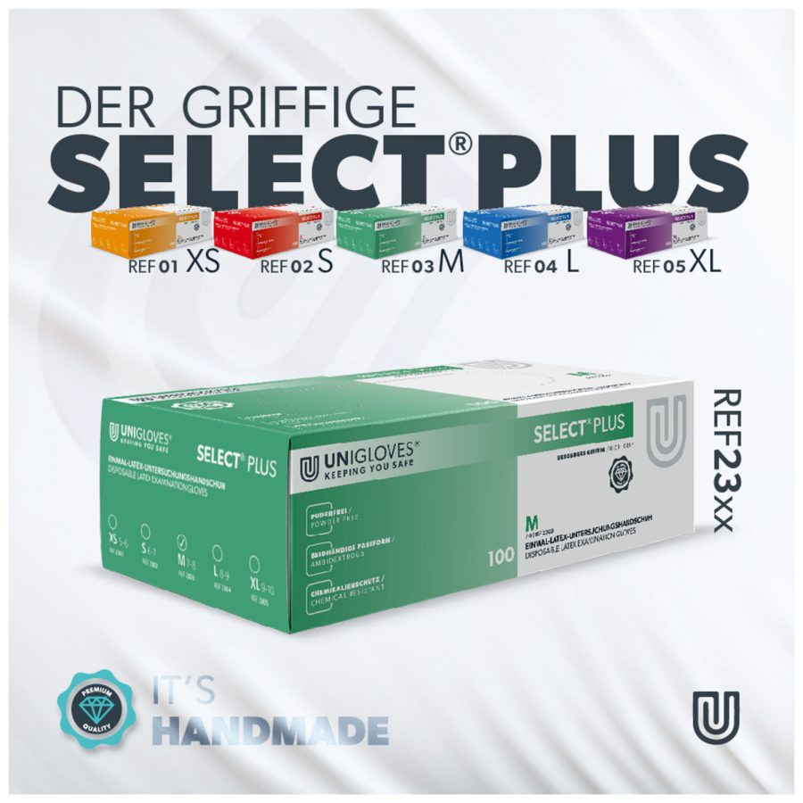 Unigloves Select Plus Handschuhe in weißer Box, Größe M, studio Hintergrund