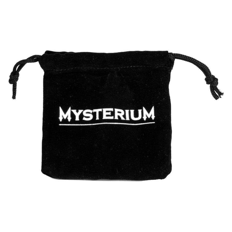 Schwarzer Polyesterbeutel mit Mysterium Logo auf weißem Hintergrund