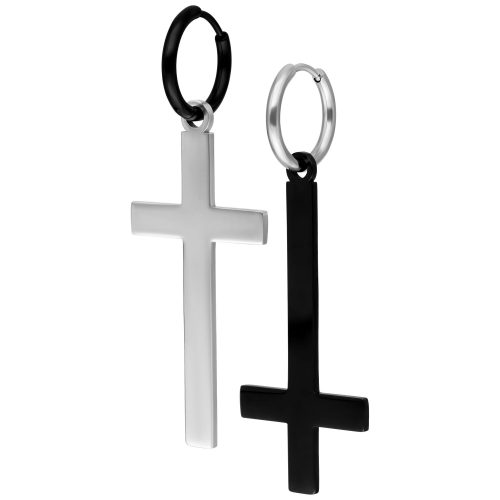 Zwei Verena Venus Cross Hoops aus Chirurgenstahl, gold und schwarz, auf weißem Hintergrund