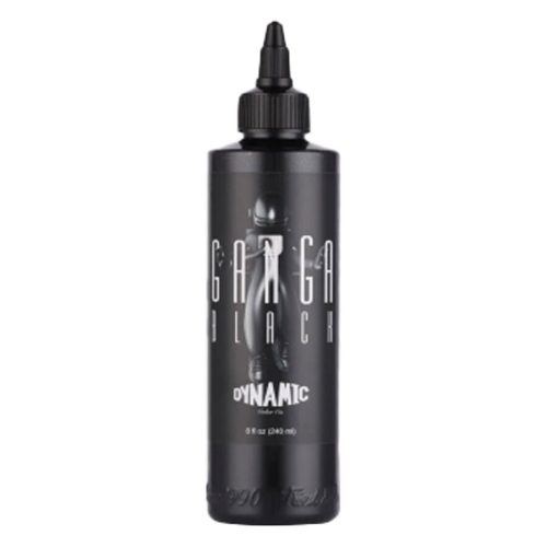 Schwarze Tattoofarbe Viking Ink Ganga Black 240ml Flasche auf weißem Hintergrund