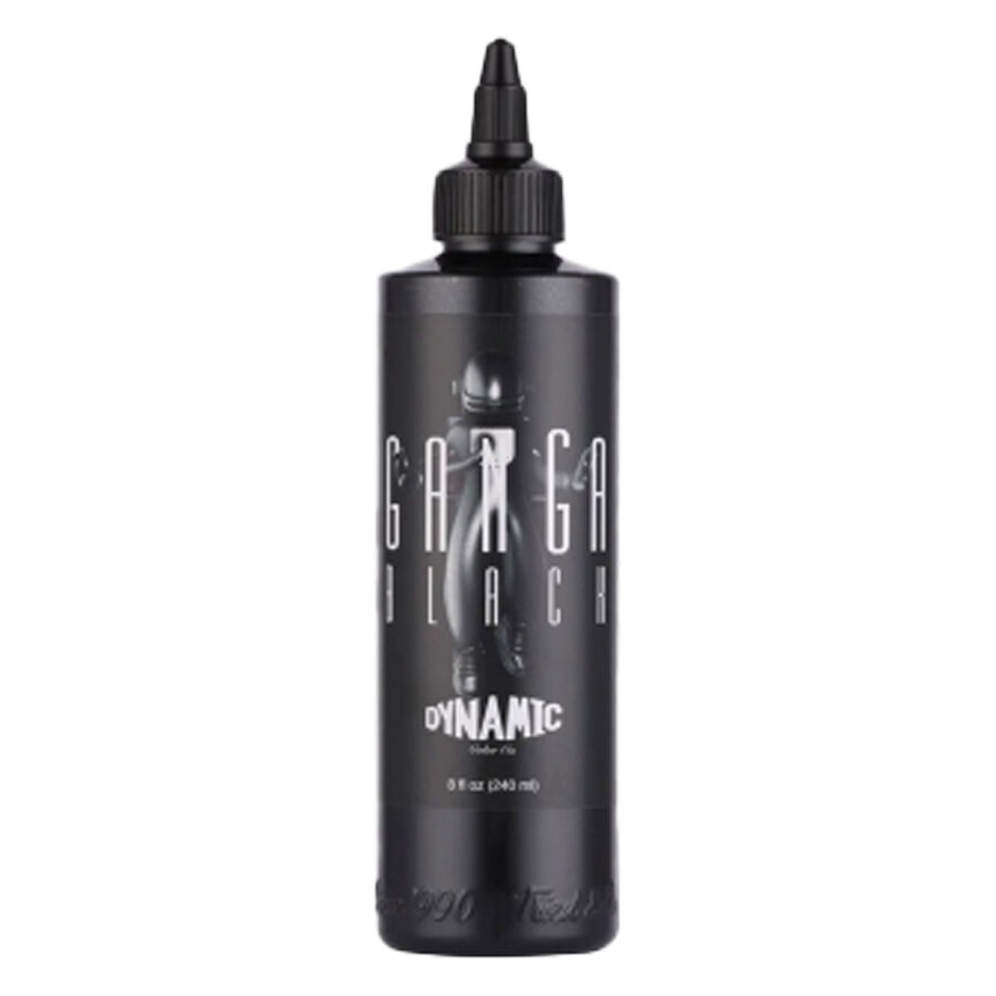 Schwarze Tattoofarbe Viking Ink Ganga Black 240ml Flasche auf weißem Hintergrund