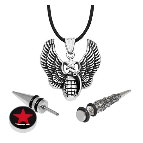 Silberner Flügelanhänger mit schwarzer Kette und zwei silbernen Piercings