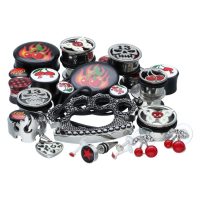 Unisex Rockabilly Schmuckset mit Kirschen- und Flammenmotiven, Titan