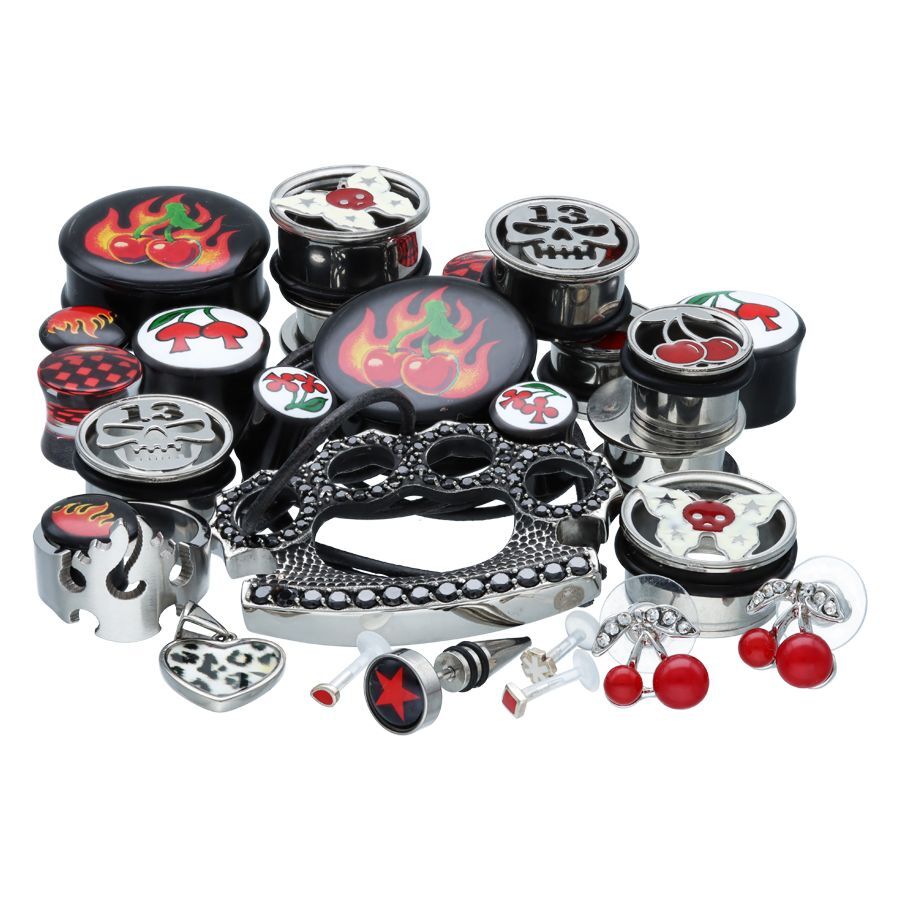 Unisex Rockabilly Schmuckset mit Kirschen- und Flammenmotiven, Titan