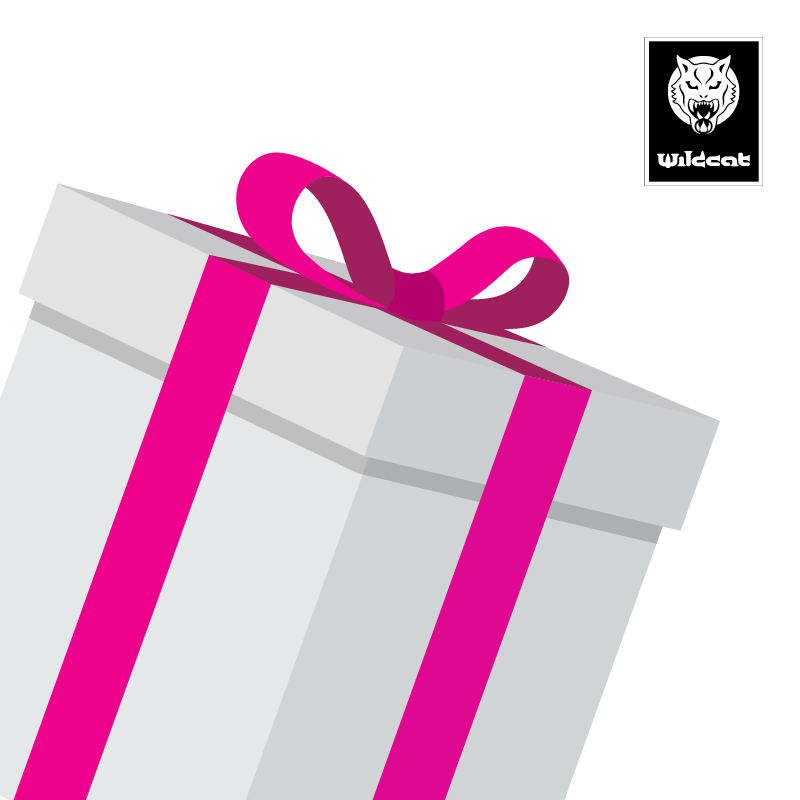 Weiße Geschenkbox mit pinkem Band und Wildcat-Logo auf schwarzem Hintergrund