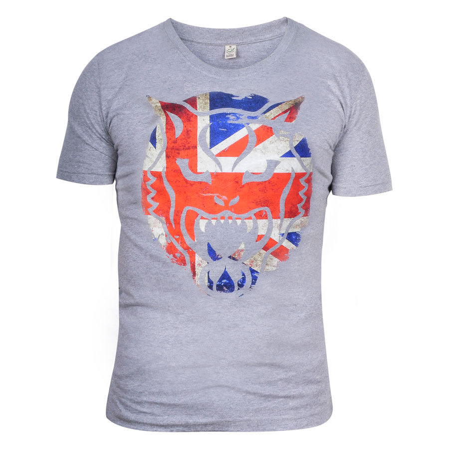 Graues T-Shirt mit großem UK-Wildkatzenmotiv, unisex, auf weißem Hintergrund