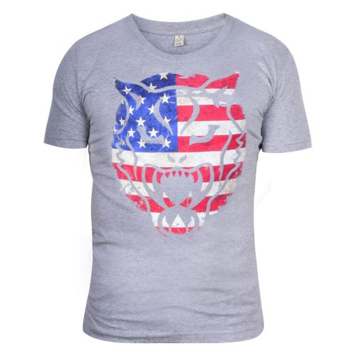 Graues T-Shirt mit USA-Flaggenmotiv und Wildcat-Design auf weißem Hintergrund