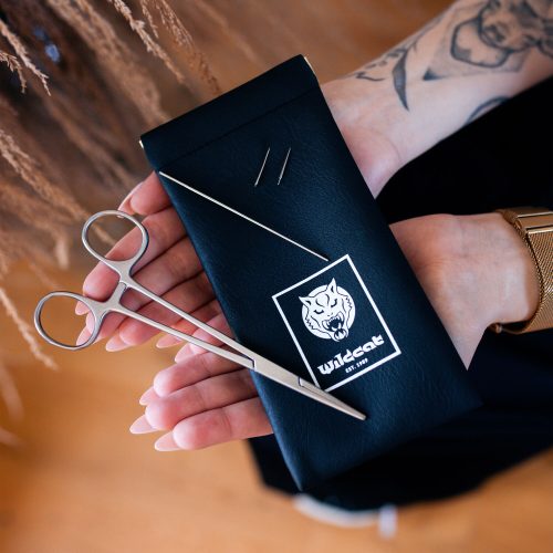 Schwarzes Etui mit Wildcat-Logo, zwei Nadeln und Schere, auf Händen gehalten