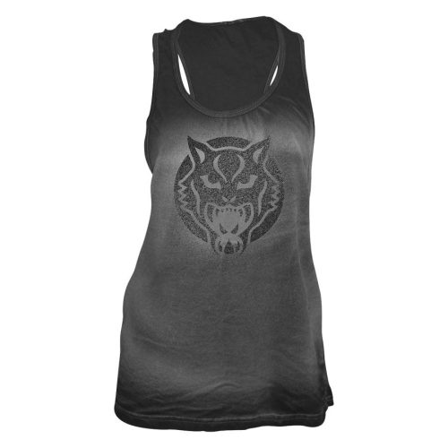 Schwarzes Tanktop mit großem Wildkatzen-Logo auf grauem Hintergrund