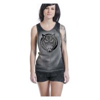 Unisex Tanktop mit Wildkatzen-Print, schwarz-grau, getragen von Person