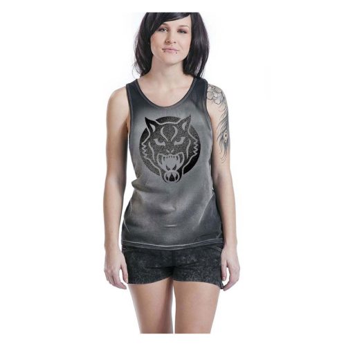Unisex Tanktop mit Wildkatzen-Print, schwarz-grau, getragen von Person