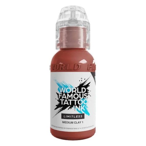Braune und beige Flasche World Famous Tattoo Ink Limitless Medium Clay 1 auf weißem Hintergrund