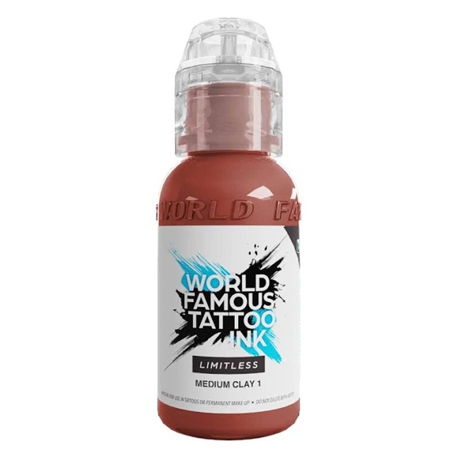 Braune und beige Flasche World Famous Tattoo Ink Limitless Medium Clay 1 auf weißem Hintergrund