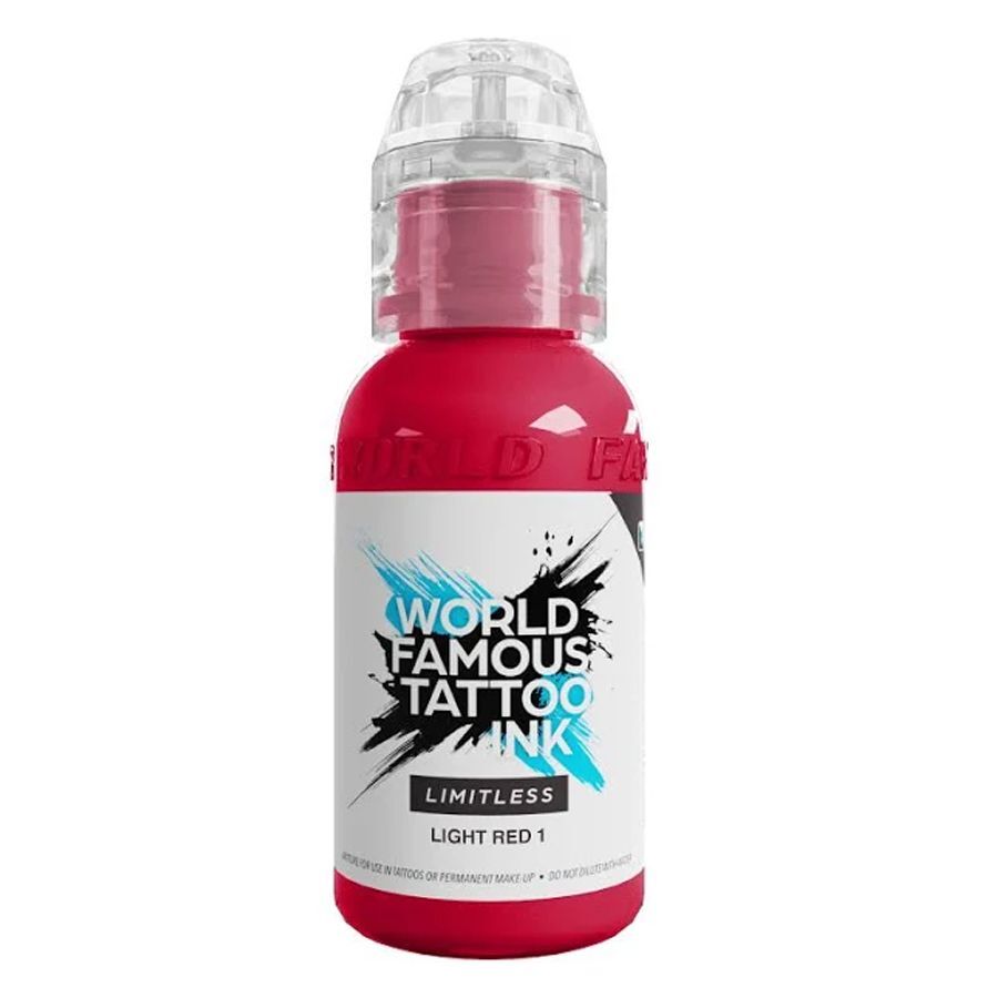 Rote Tattoofarbe von World Famous Ink in 30ml Flasche auf weißem Hintergrund