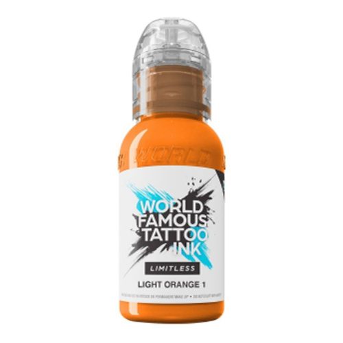 Orange Tattoofarbe von World Famous Ink, 30 ml Flasche auf weißem Hintergrund