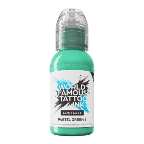 Flasche World Famous Ink Pastelgrün Tattoo Tinte auf weißem Hintergrund
