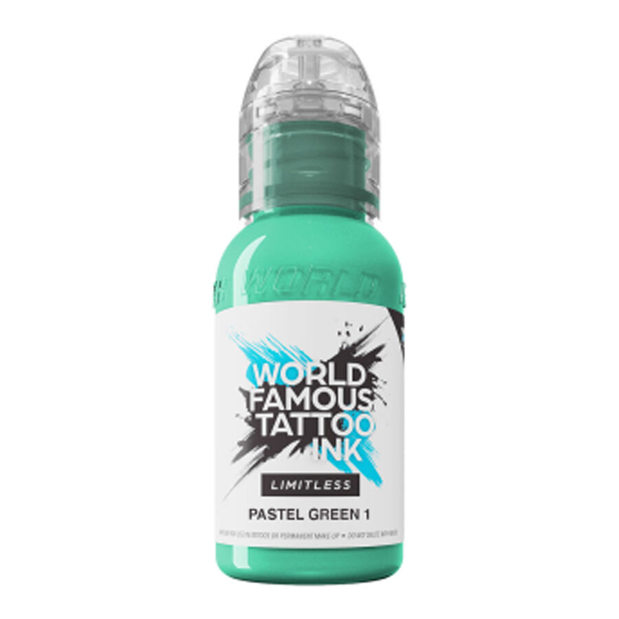 Flasche World Famous Ink Pastelgrün Tattoo Tinte auf weißem Hintergrund