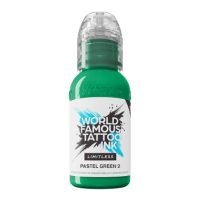 Flasche mit World Famous Ink Limitless Pastel Green 2 Tattoo Tinte, 30 ml, auf weißem Hintergrund