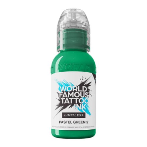 Flasche mit World Famous Ink Limitless Pastel Green 2 Tattoo Tinte, 30 ml, auf weißem Hintergrund