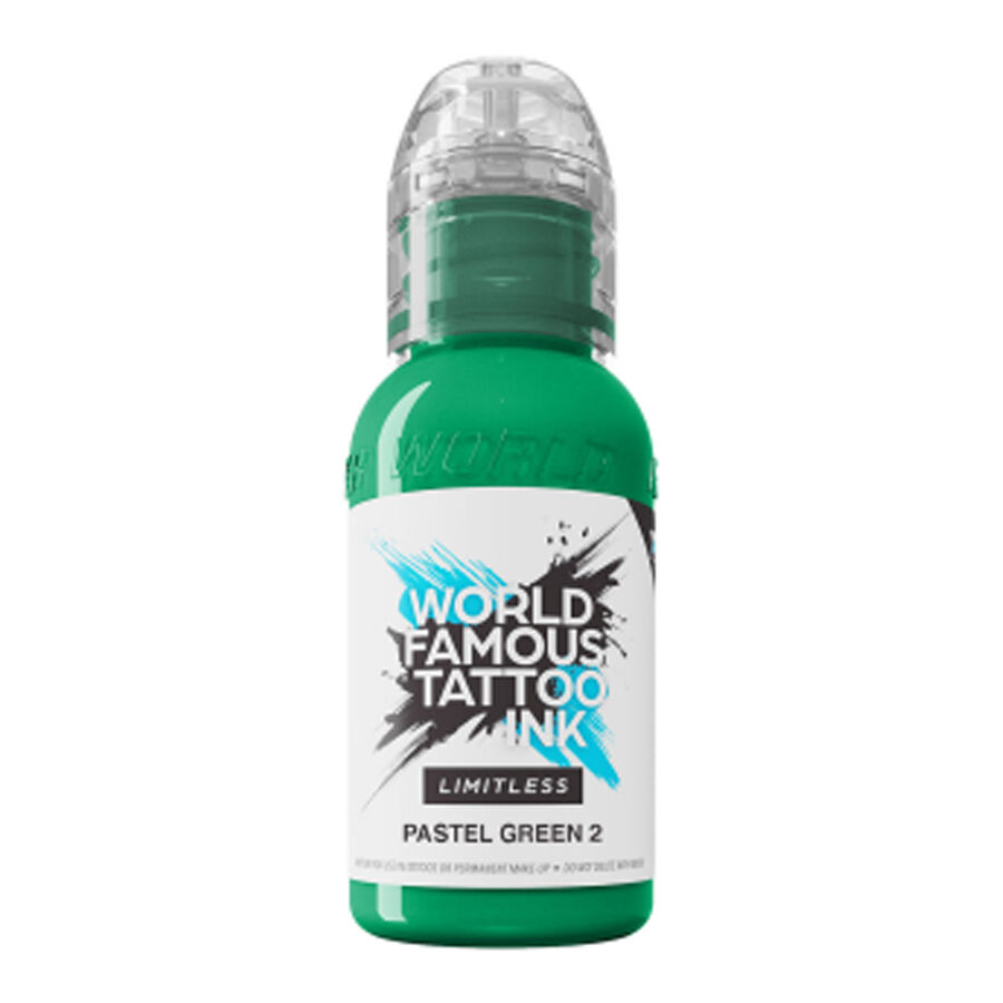 Flasche mit World Famous Ink Limitless Pastel Green 2 Tattoo Tinte, 30 ml, auf weißem Hintergrund