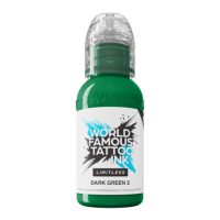 Grüne Tattoofarbe in Flasche, World Famous Ink Limitless Dark Green 2 auf weißem Hintergrund