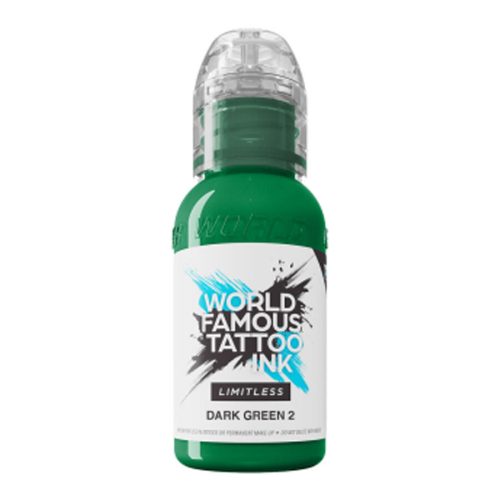 Grüne Tattoofarbe in Flasche, World Famous Ink Limitless Dark Green 2 auf weißem Hintergrund