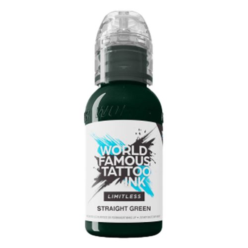 Grüne Tattoofarbe World Famous Ink Limitless Flasche, 30 ml, auf weißem Hintergrund