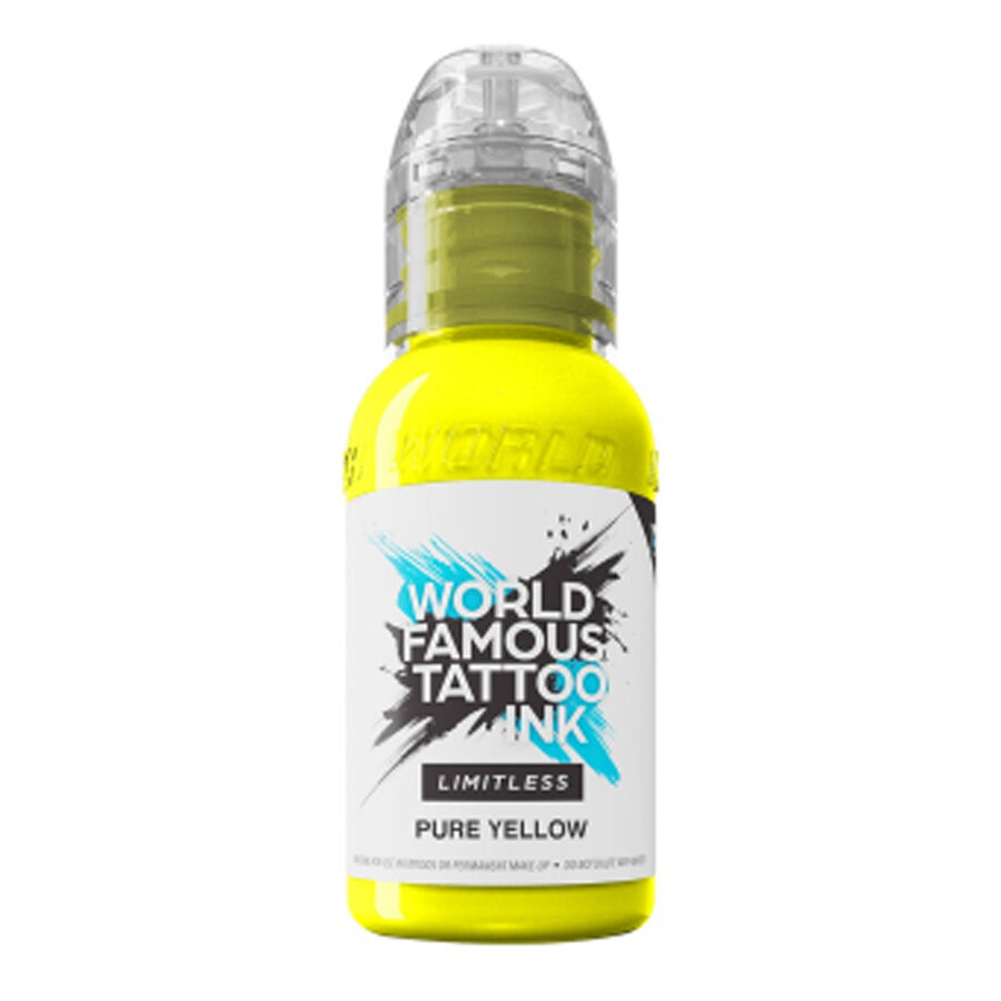 Flasche World Famous Ink Limitless Pure Yellow auf weißem Hintergrund