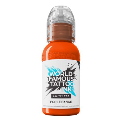 Orange Tattoofarbe Flasche, World Famous Ink, auf weißem Hintergrund