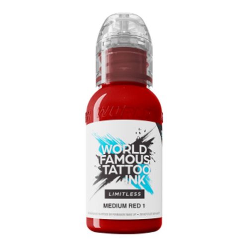 Rote Tattoofarbe von World Famous Ink, 30 ml Flasche auf weißem Hintergrund