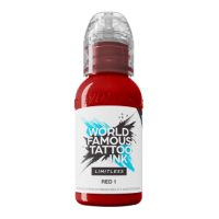Rote Tattoofarbe Flasche, World Famous Ink, 30 ml, auf weißem Hintergrund