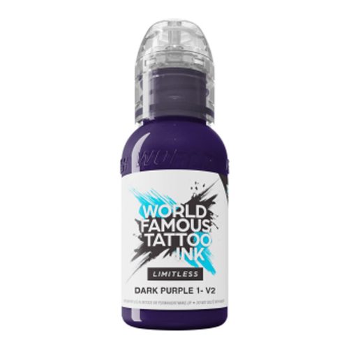 Lila Tattoofarbe Flasche von World Famous Ink auf weißem Hintergrund