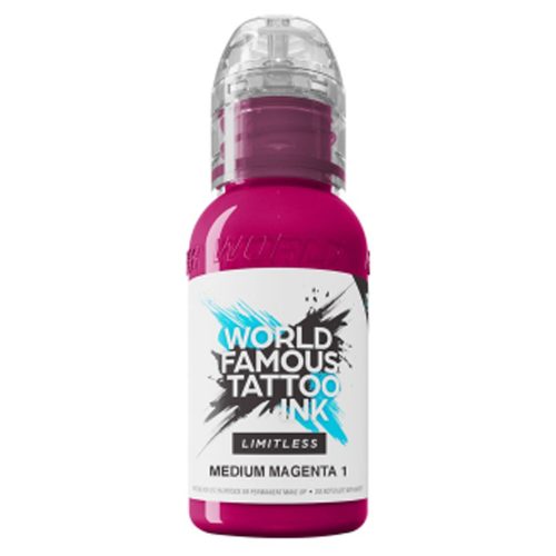 Flasche mit pinker Tattoofarbe, World Famous Ink, auf weißem Hintergrund