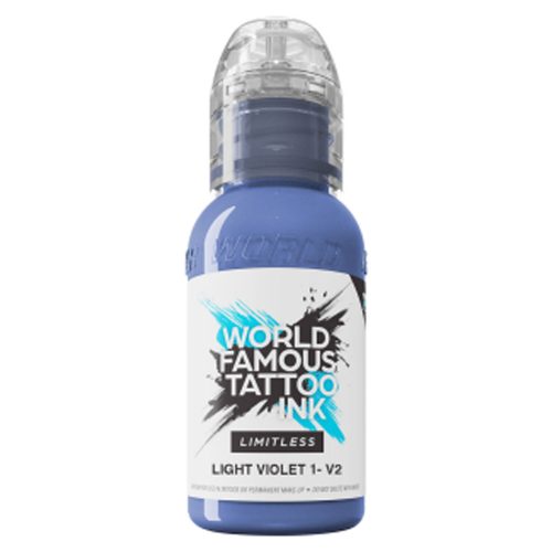 Flasche mit lila Tattoofarbe von World Famous Ink auf weißem Hintergrund