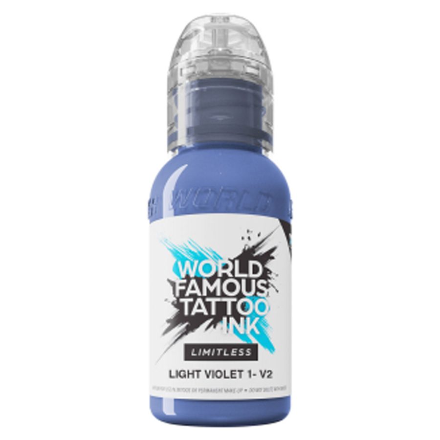 Flasche mit lila Tattoofarbe von World Famous Ink auf weißem Hintergrund