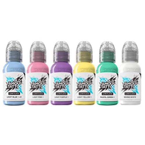 Sechs Flaschen World Famous Ink in Blau, Rosa, Lila, Gelb, Grün und Weiß auf weißem Hintergrund