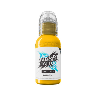 Gelbe World Famous Ink Tinte in 30 ml Flasche, auf weißem Hintergrund